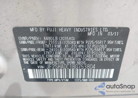 2011 Subaru Forester 2.5X Premium из США, поврежденный, VIN JF2SHADC1BG753804